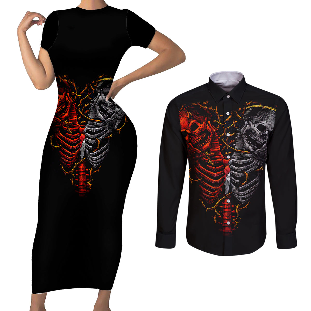 Skull Couples Matching Short Sleeve Bodycon Dress and Long Sleeve Button Shirts Devil And Angel Twin Skull - Wonder Print Shop