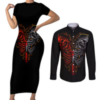 Skull Couples Matching Short Sleeve Bodycon Dress and Long Sleeve Button Shirts Devil And Angel Twin Skull - Wonder Print Shop