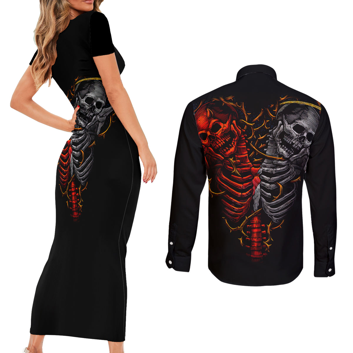 Skull Couples Matching Short Sleeve Bodycon Dress and Long Sleeve Button Shirts Devil And Angel Twin Skull - Wonder Print Shop