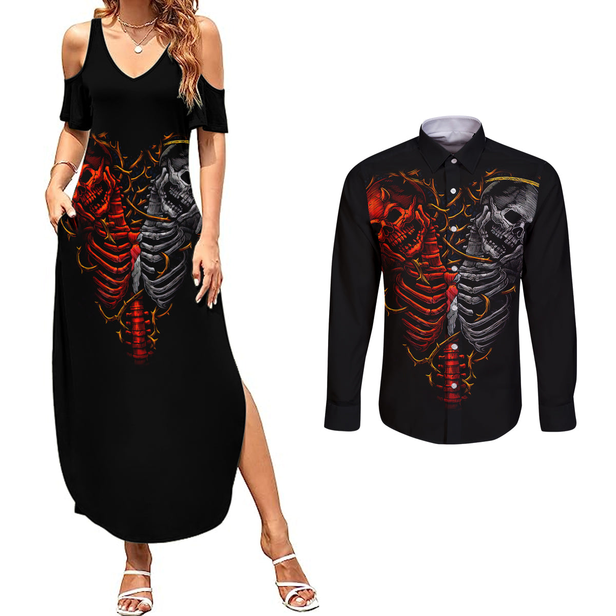 Skull Couples Matching Summer Maxi Dress and Long Sleeve Button Shirts Devil And Angel Twin Skull - Wonder Print Shop