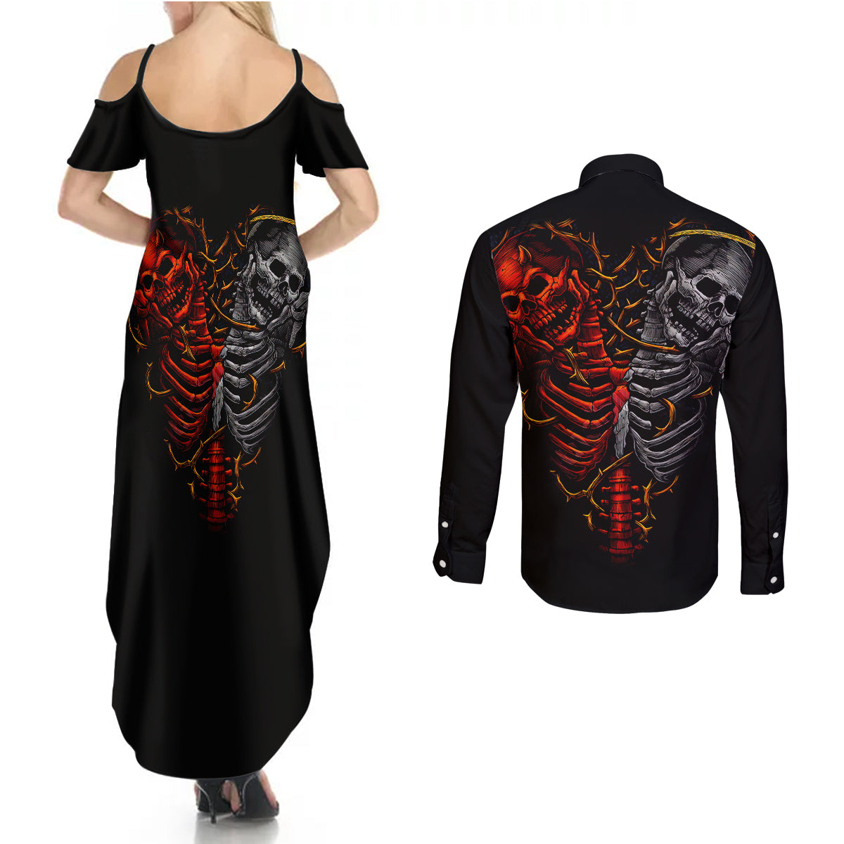 Skull Couples Matching Summer Maxi Dress and Long Sleeve Button Shirts Devil And Angel Twin Skull - Wonder Print Shop