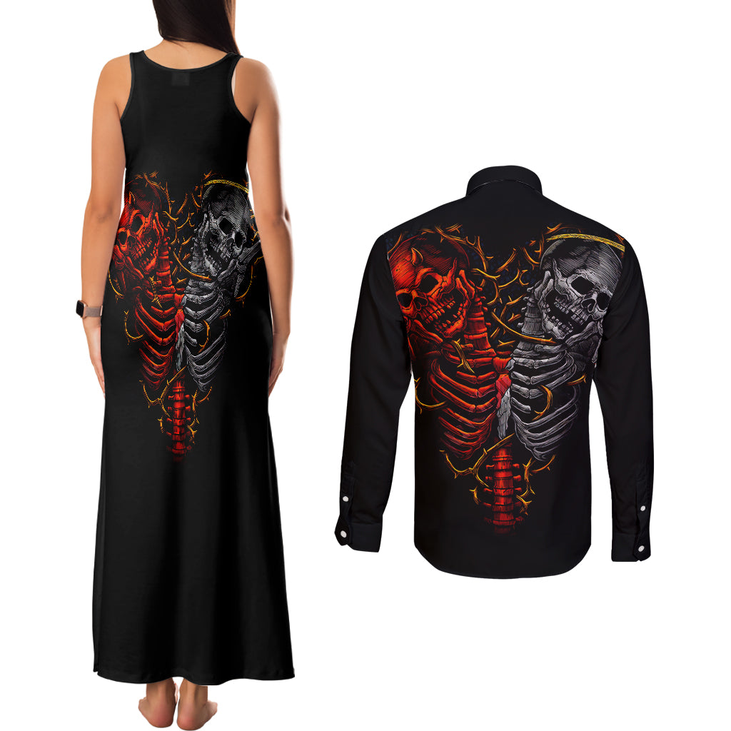 Skull Couples Matching Tank Maxi Dress and Long Sleeve Button Shirts Devil And Angel Twin Skull - Wonder Print Shop