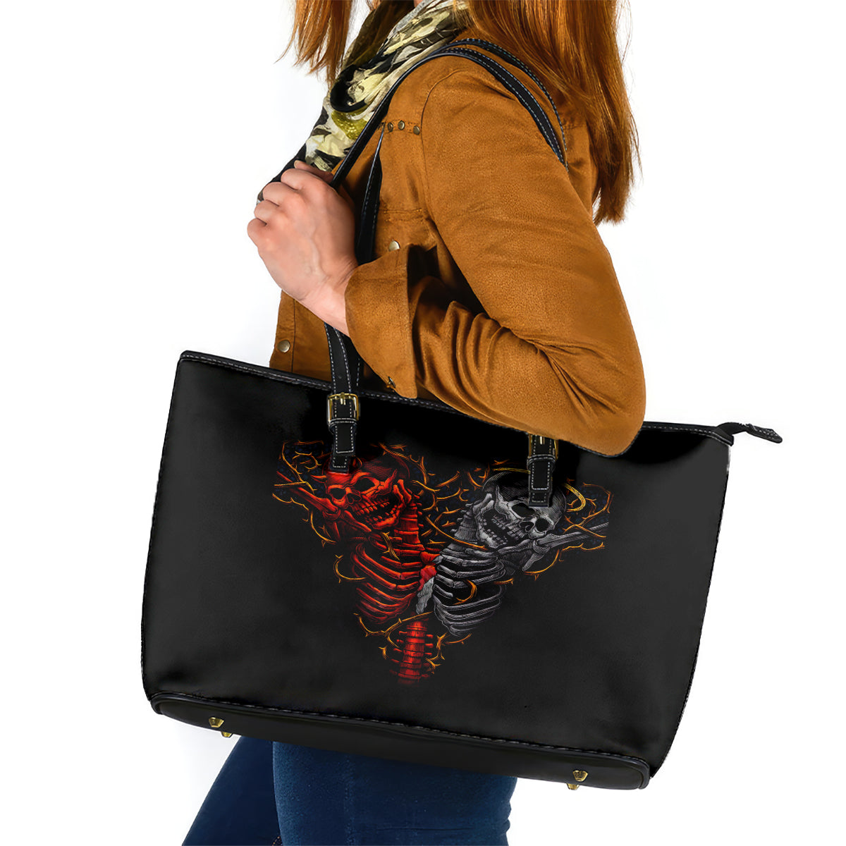 Skull Leather Tote Bag Devil And Angel Twin Skull - Wonder Print Shop