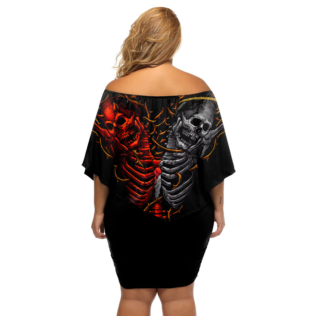 Skull Off Shoulder Short Dress Devil And Angel Twin Skull - Wonder Print Shop