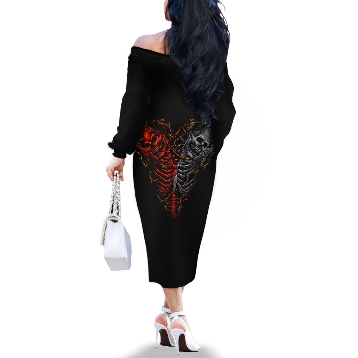 Skull Off The Shoulder Long Sleeve Dress Devil And Angel Twin Skull - Wonder Print Shop