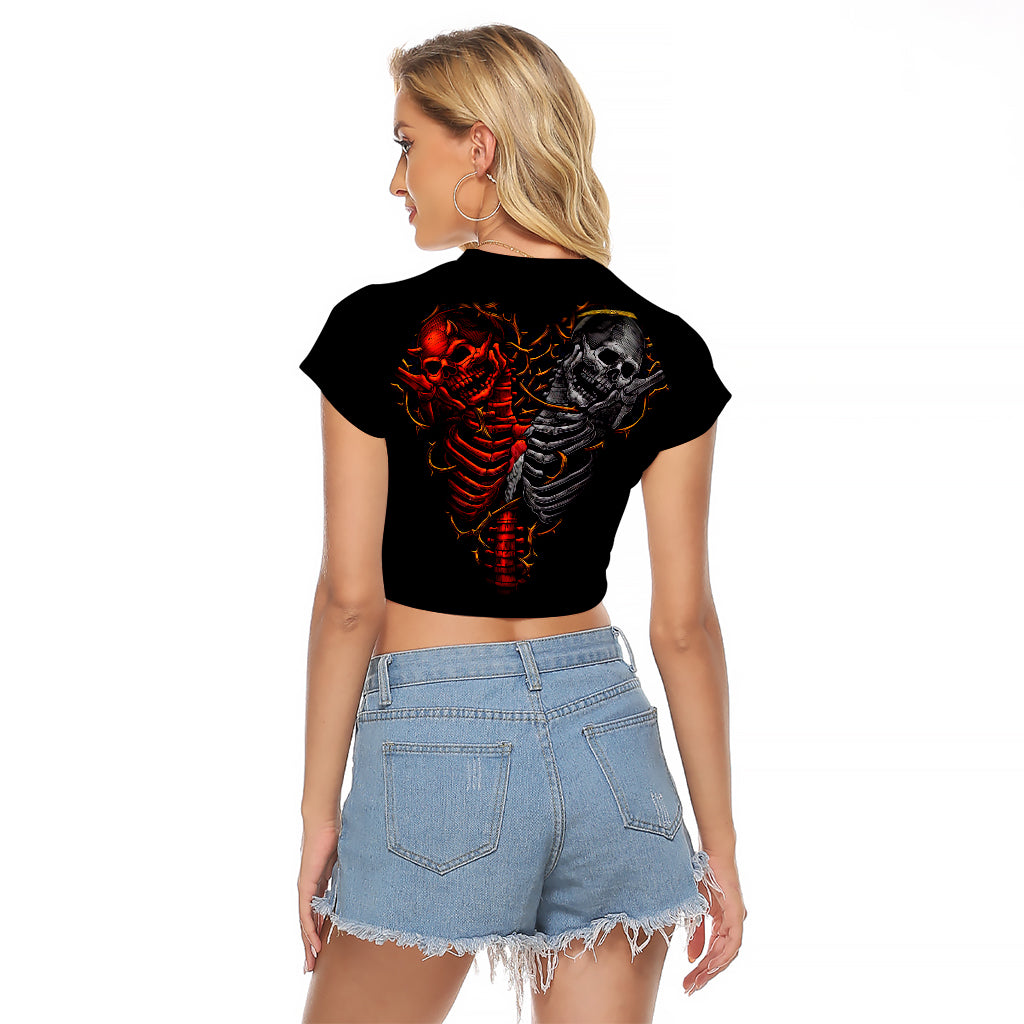 Skull Raglan Cropped T Shirt Devil And Angel Twin Skull - Wonder Print Shop