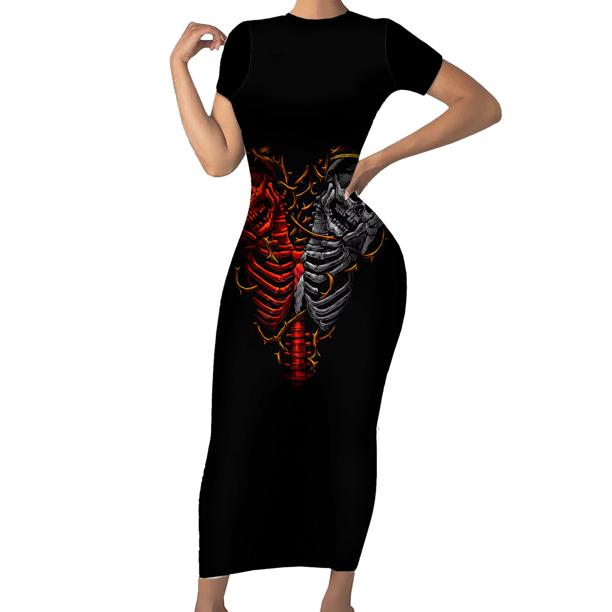 Skull Short Sleeve Bodycon Dress Devil And Angel Twin Skull - Wonder Print Shop