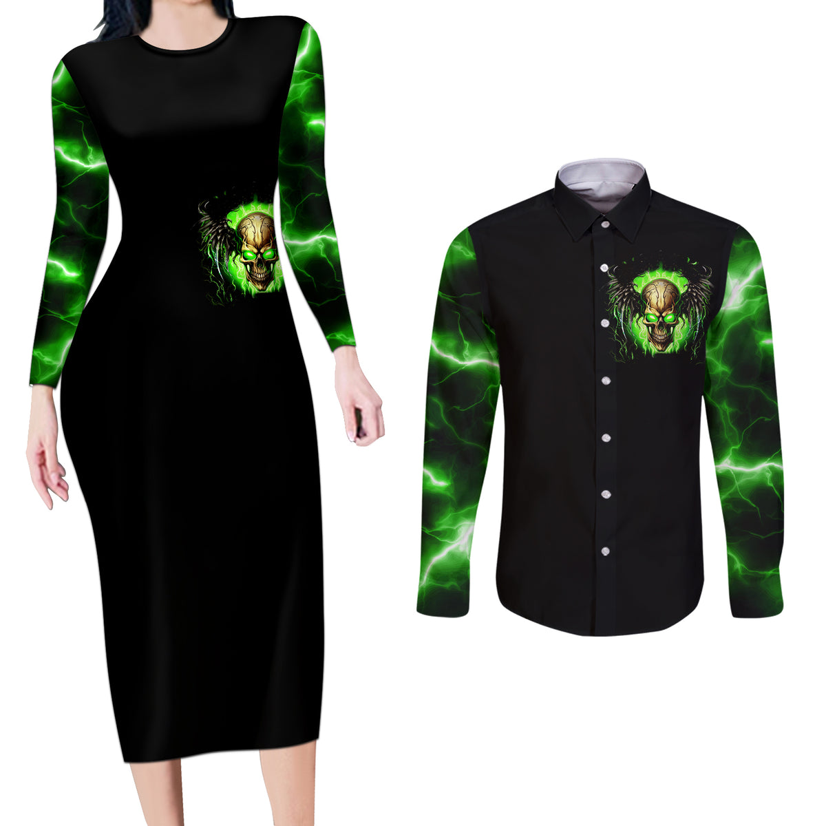 Skull Couples Matching Long Sleeve Bodycon Dress and Long Sleeve Button Shirts Don't Try To Figured Me Out - Wonder Print Shop