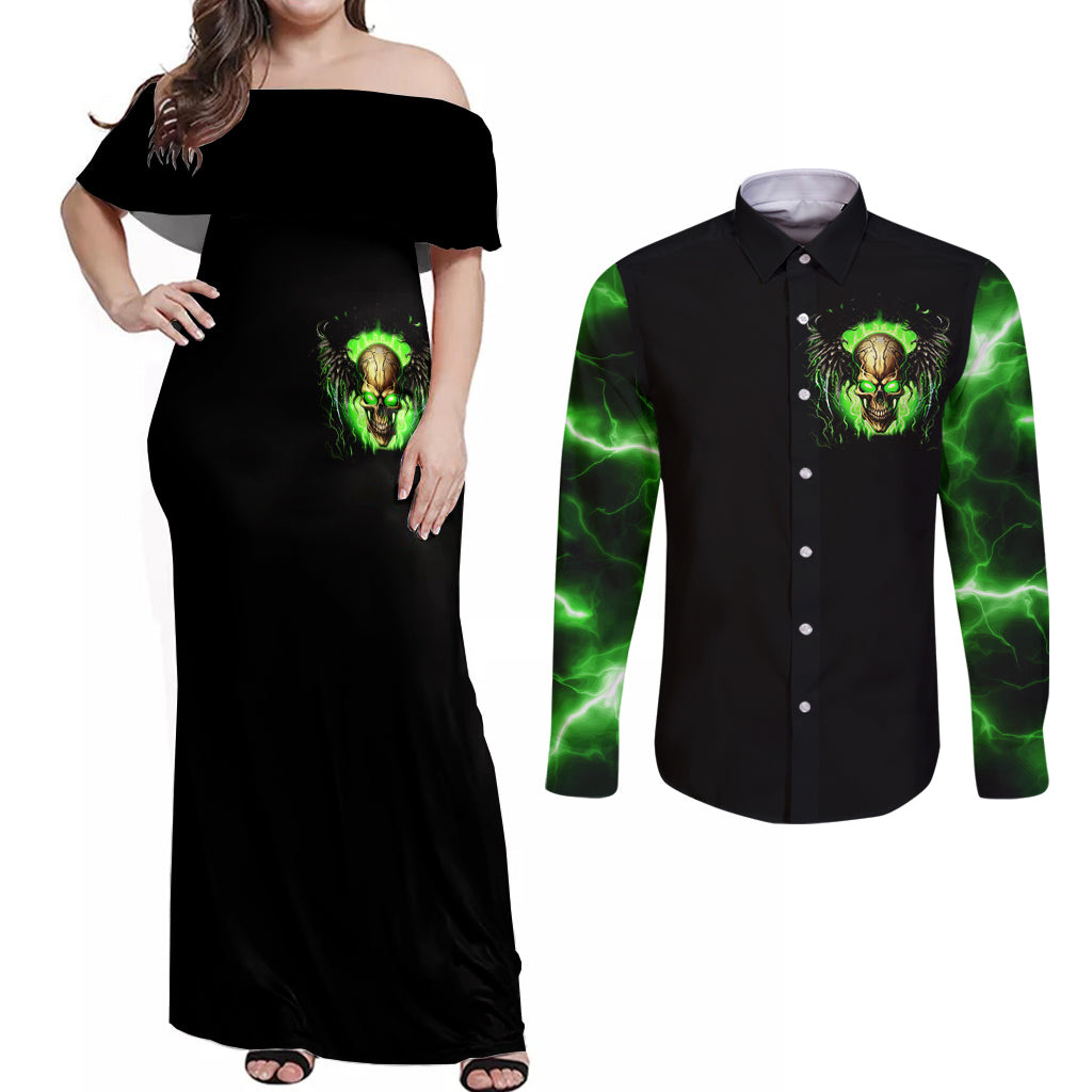 Skull Couples Matching Off Shoulder Maxi Dress and Long Sleeve Button Shirts Don't Try To Figured Me Out - Wonder Print Shop