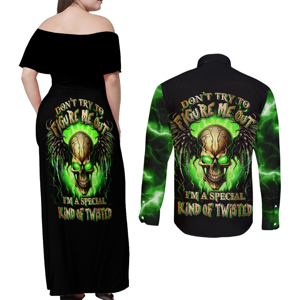 Skull Couples Matching Off Shoulder Maxi Dress and Long Sleeve Button Shirts Don't Try To Figured Me Out - Wonder Print Shop