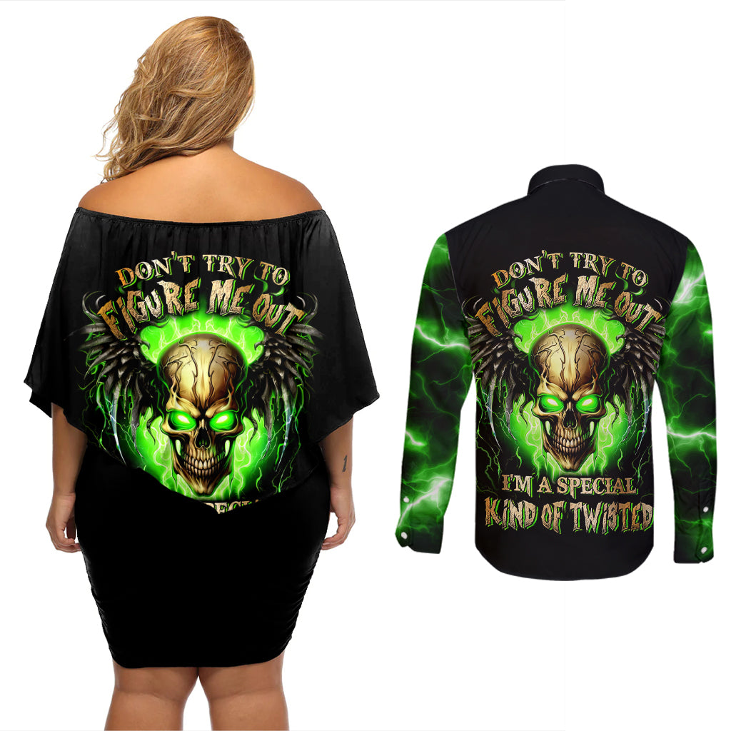 Skull Couples Matching Off Shoulder Short Dress and Long Sleeve Button Shirts Don't Try To Figured Me Out - Wonder Print Shop