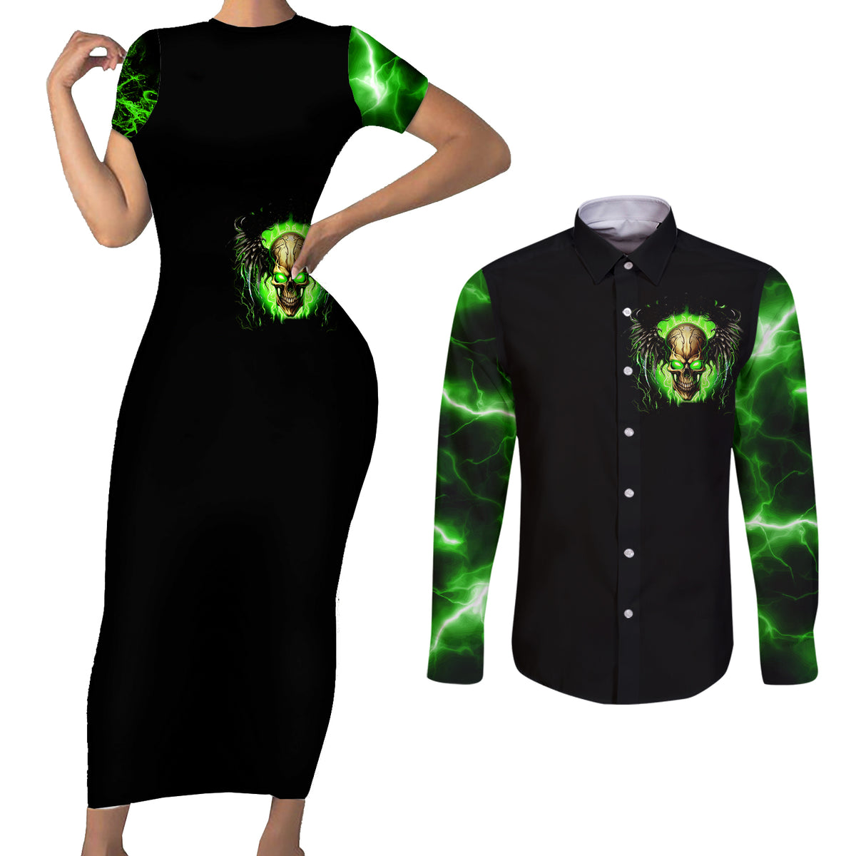 Skull Couples Matching Short Sleeve Bodycon Dress and Long Sleeve Button Shirts Don't Try To Figured Me Out - Wonder Print Shop