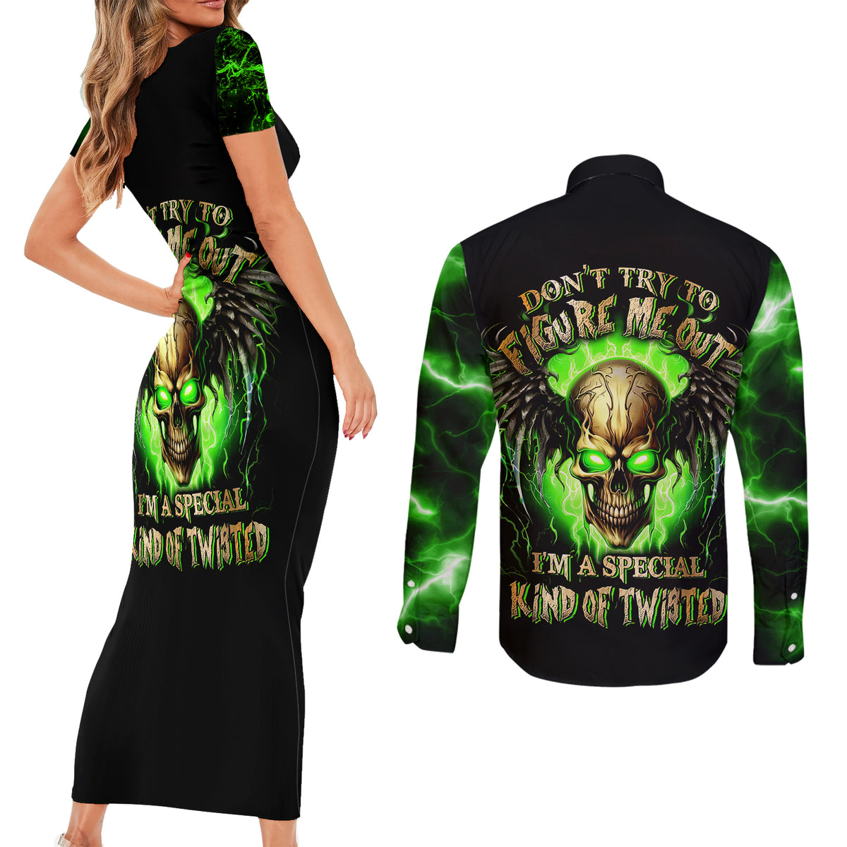 Skull Couples Matching Short Sleeve Bodycon Dress and Long Sleeve Button Shirts Don't Try To Figured Me Out - Wonder Print Shop