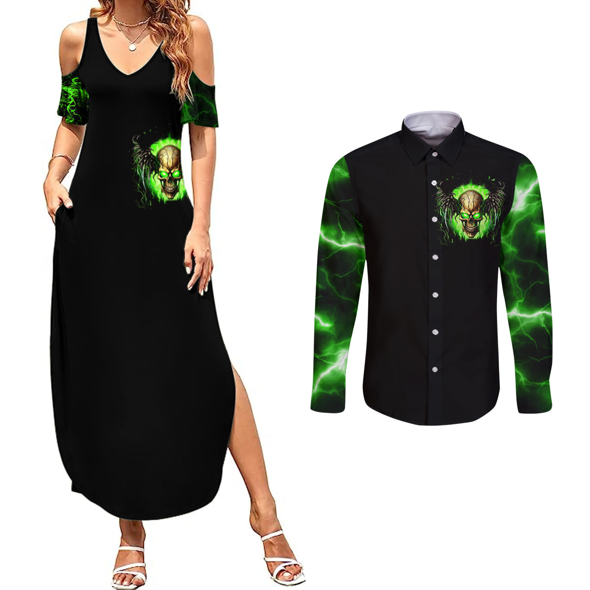 Skull Couples Matching Summer Maxi Dress and Long Sleeve Button Shirts Don't Try To Figured Me Out - Wonder Print Shop