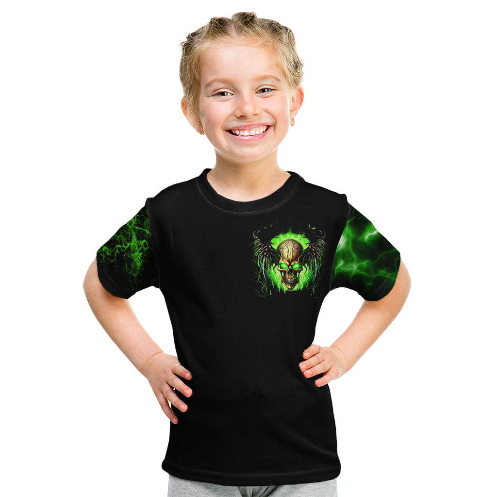 Kids black t-shirt with green glowing skull graphic on front