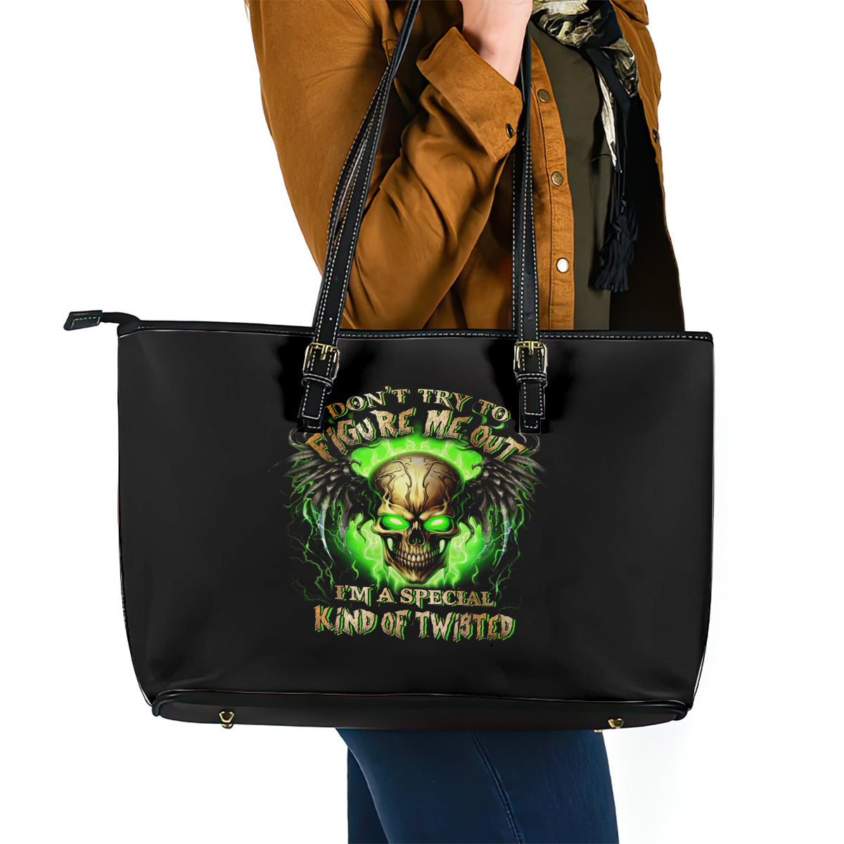 Skull Leather Tote Bag Don't Try To Figured Me Out - Wonder Print Shop