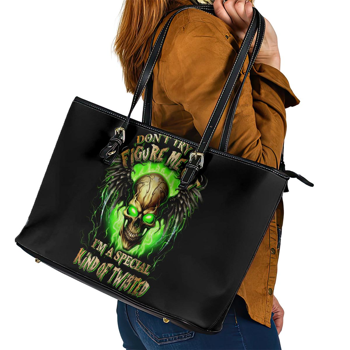 Skull Leather Tote Bag Don't Try To Figured Me Out - Wonder Print Shop
