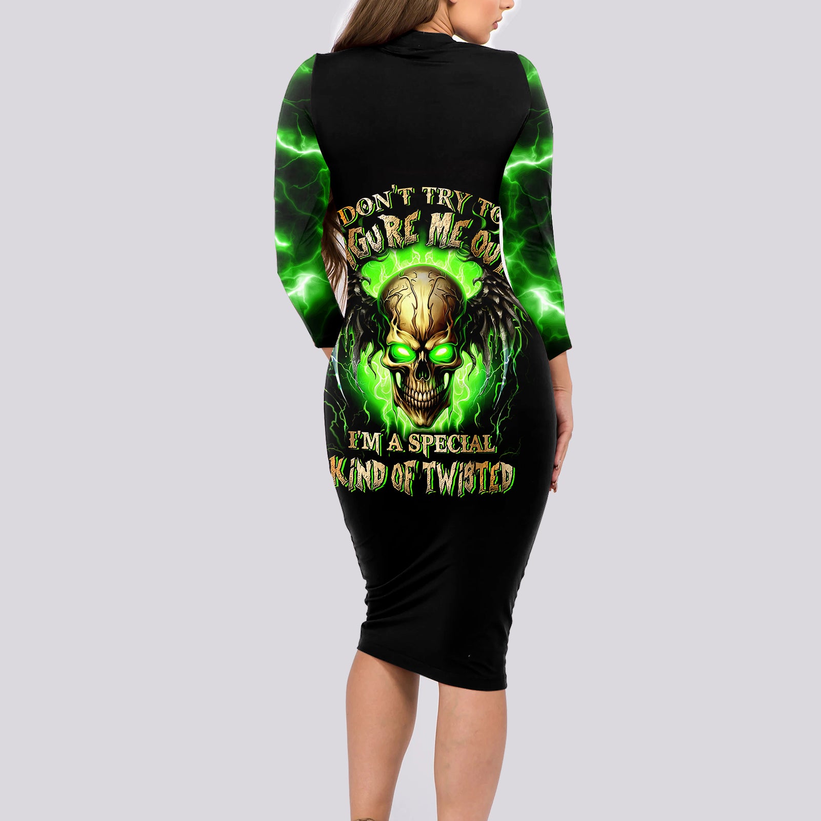 Skull Long Sleeve Bodycon Dress Don't Try To Figured Me Out - Wonder Print Shop