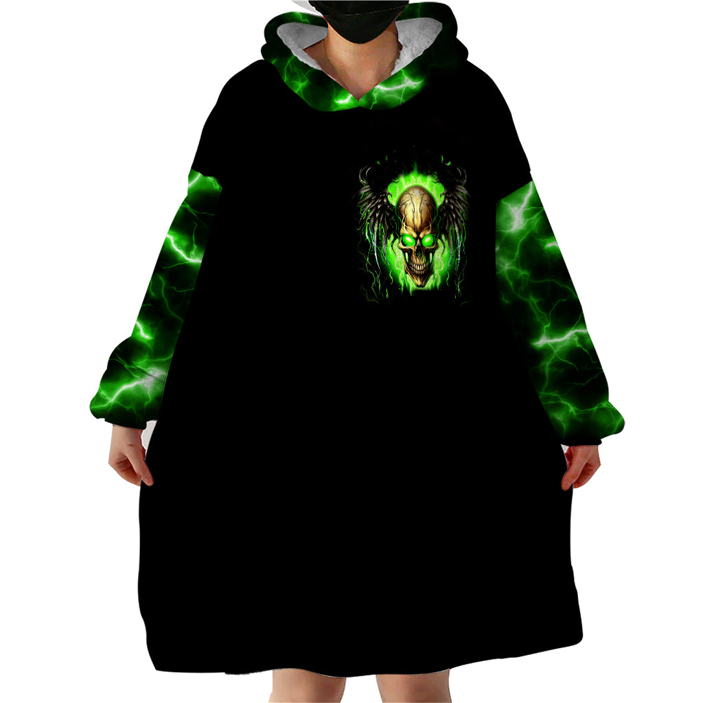 Black wearable blanket hoodie dress with green lightning hood and chest skull graphic