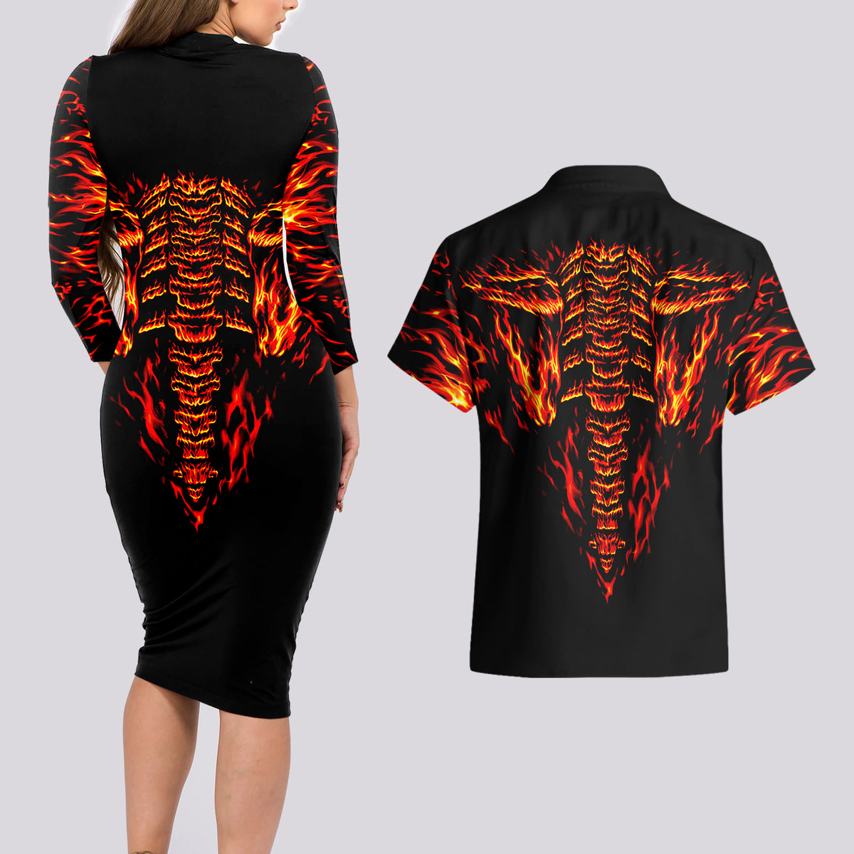 Flame Skull Couples Matching Long Sleeve Bodycon Dress and Hawaiian Shirt SKull Face Inside Me - Wonder Print Shop