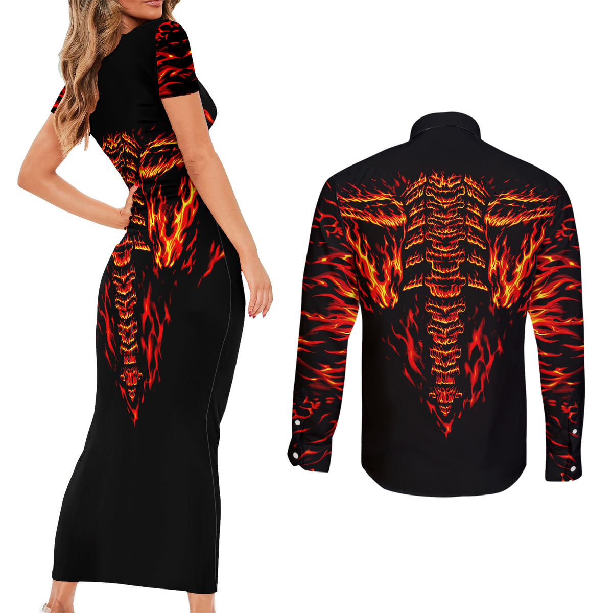 Flame Skull Couples Matching Short Sleeve Bodycon Dress and Long Sleeve Button Shirts SKull Face Inside Me - Wonder Print Shop