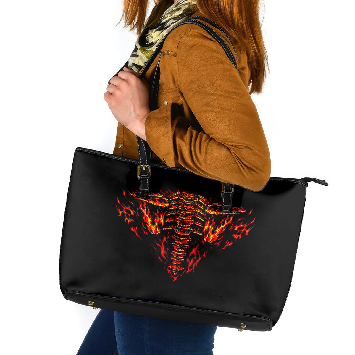 Flame Skull Leather Tote Bag SKull Face Inside Me - Wonder Print Shop