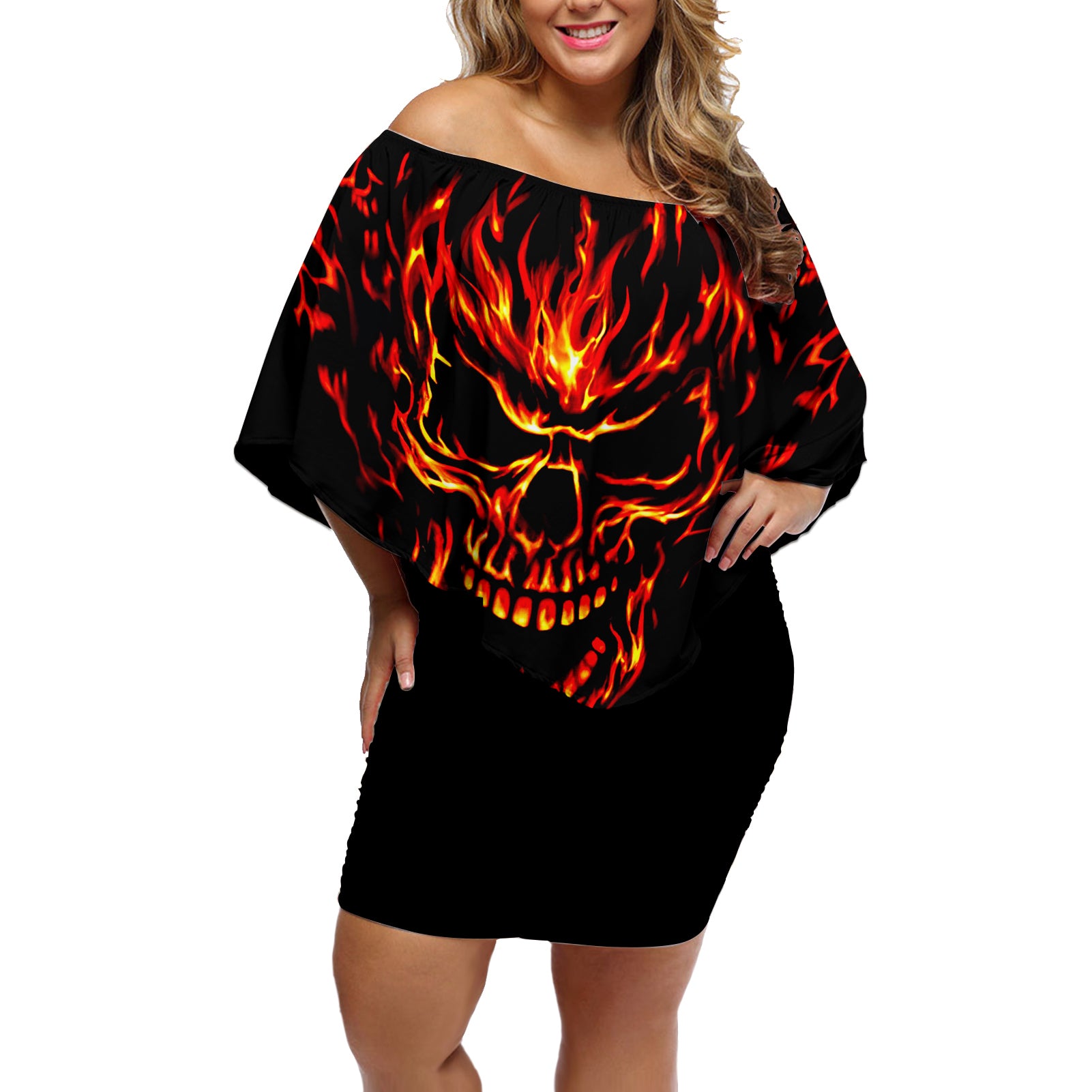 Flame Skull Off Shoulder Short Dress SKull Face Inside Me - Wonder Print Shop
