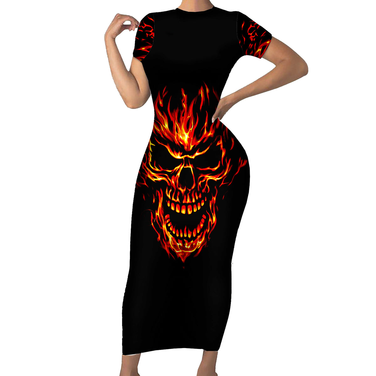Flame Skull Short Sleeve Bodycon Dress SKull Face Inside Me - Wonder Print Shop