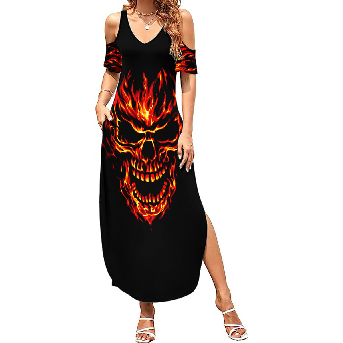 Flame Skull Summer Maxi Dress SKull Face Inside Me - Wonder Print Shop