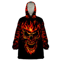 Black flame skull wearable blanket hoodie with hooded opening and fiery face print