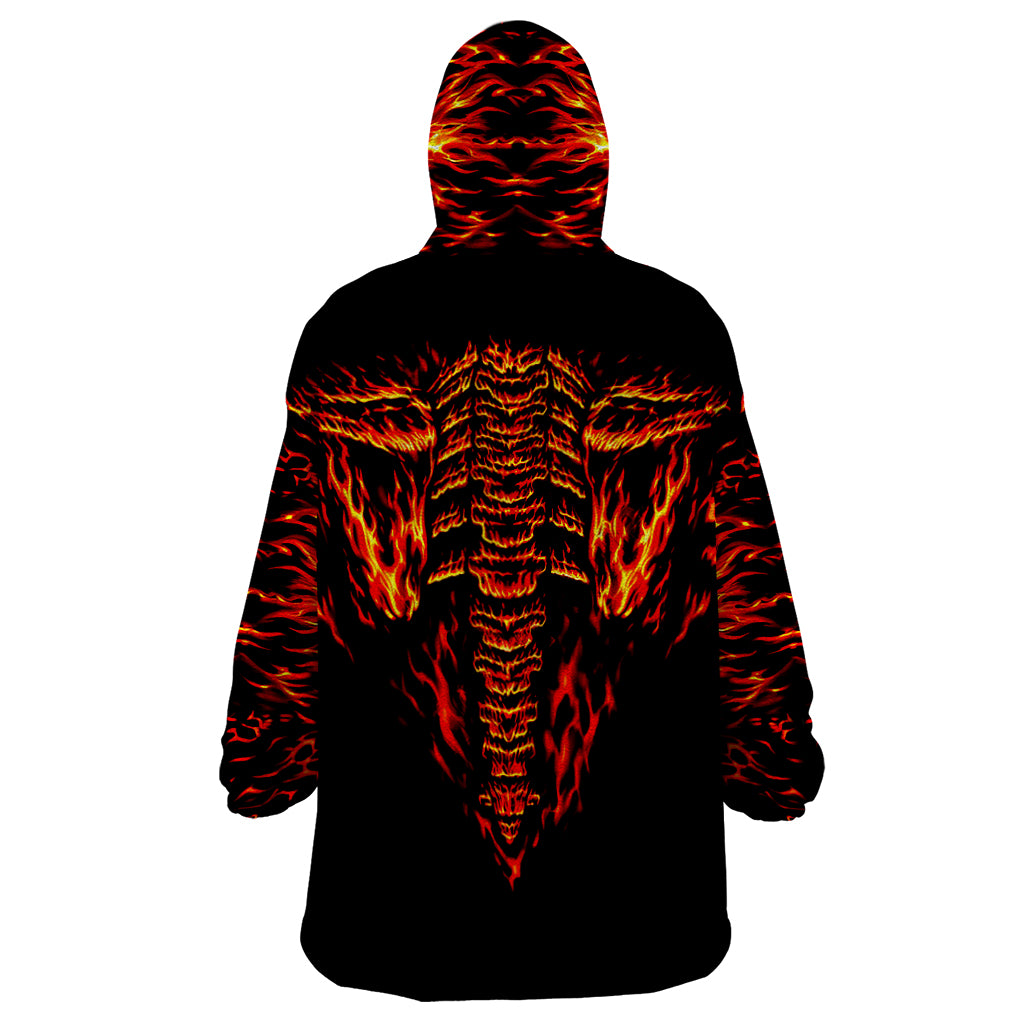 Black hooded wearable blanket hoodie with back flame skull ribs graphic