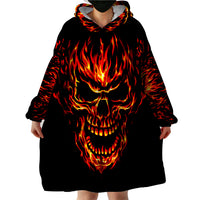 Black wearable blanket hoodie with large flame skull graphic and oversized hood