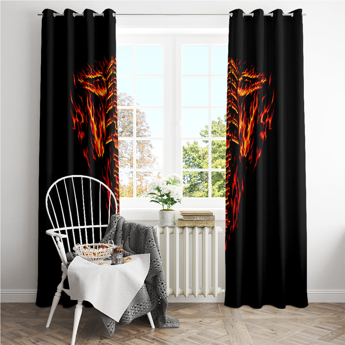 Flame Skull Window Curtain SKull Face Inside Me - Wonder Print Shop