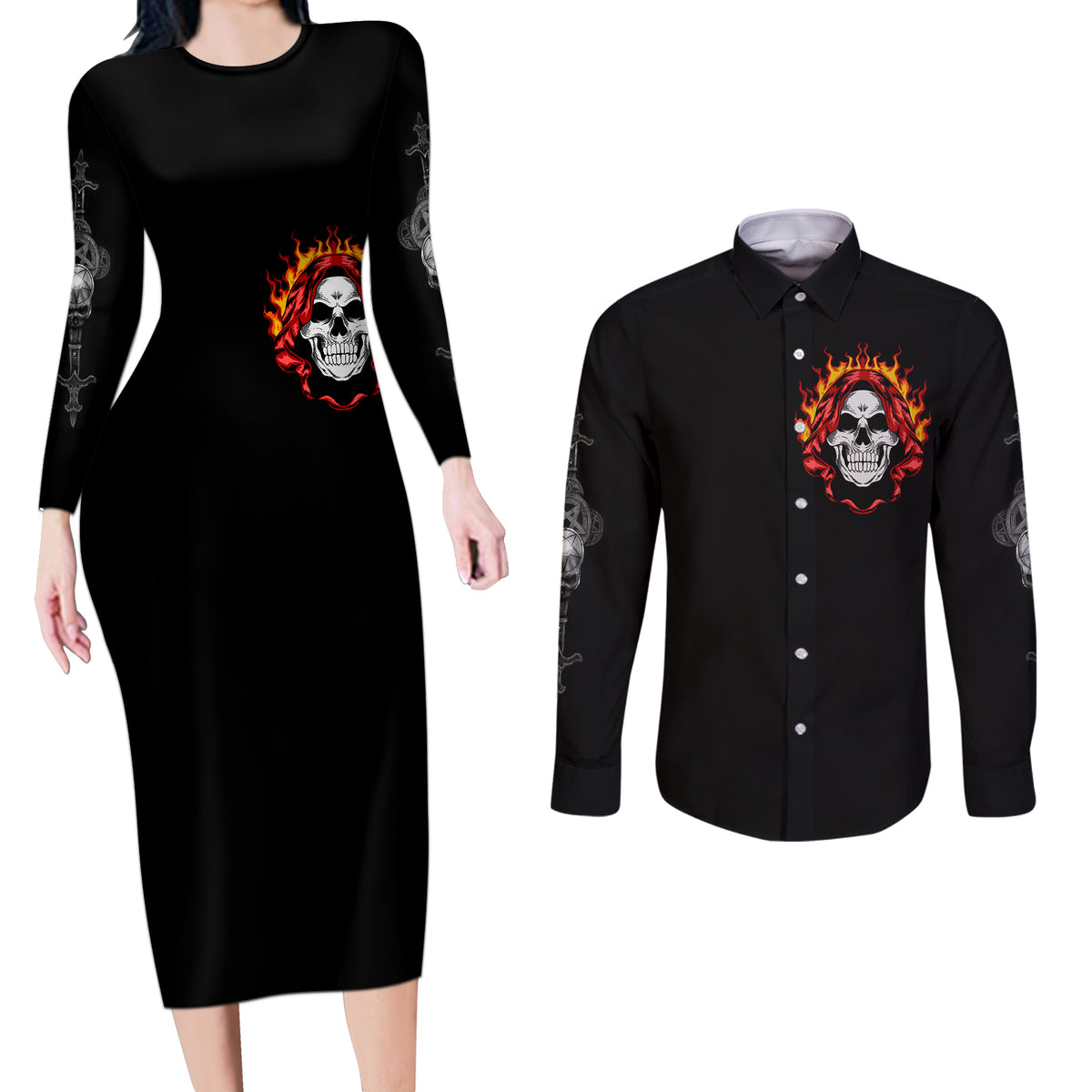 Skull Couples Matching Long Sleeve Bodycon Dress and Long Sleeve Button Shirts Before Your Judge Me Pls Understand - Wonder Print Shop