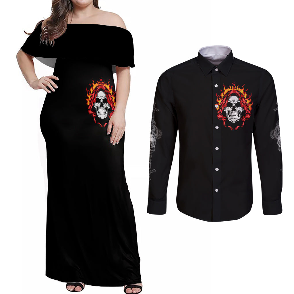 Skull Couples Matching Off Shoulder Maxi Dress and Long Sleeve Button Shirts Before Your Judge Me Pls Understand - Wonder Print Shop