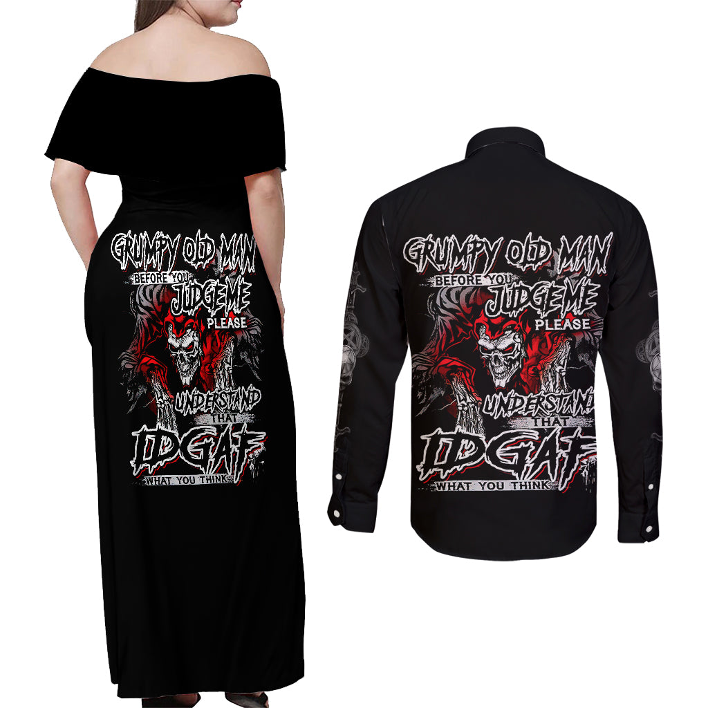 Skull Couples Matching Off Shoulder Maxi Dress and Long Sleeve Button Shirts Before Your Judge Me Pls Understand - Wonder Print Shop