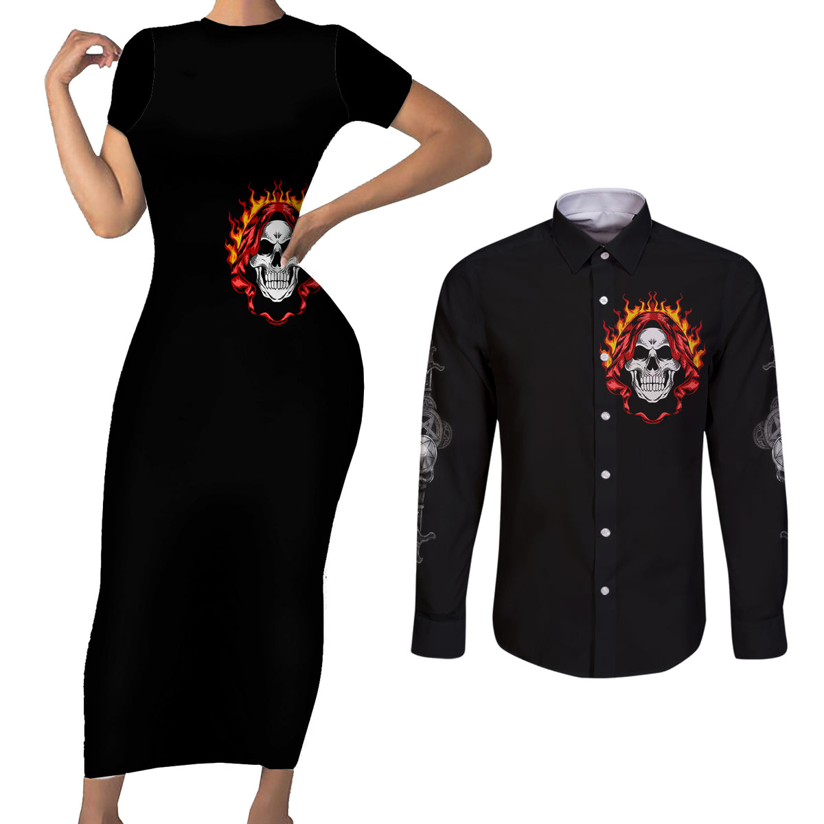 Skull Couples Matching Short Sleeve Bodycon Dress and Long Sleeve Button Shirts Before Your Judge Me Pls Understand - Wonder Print Shop