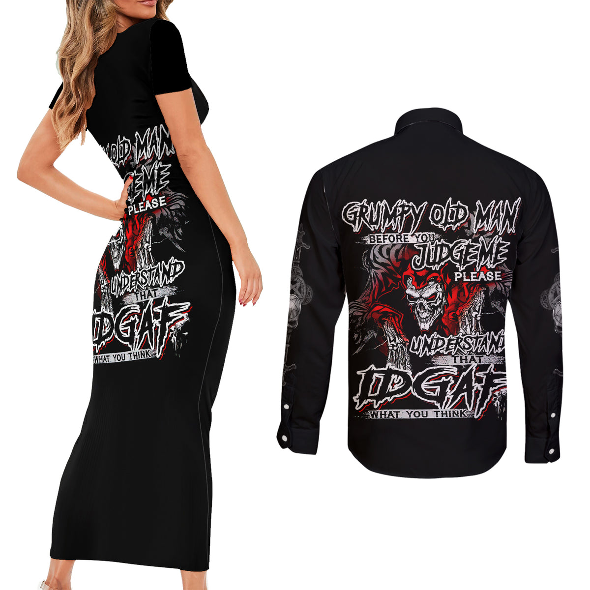 Skull Couples Matching Short Sleeve Bodycon Dress and Long Sleeve Button Shirts Before Your Judge Me Pls Understand - Wonder Print Shop