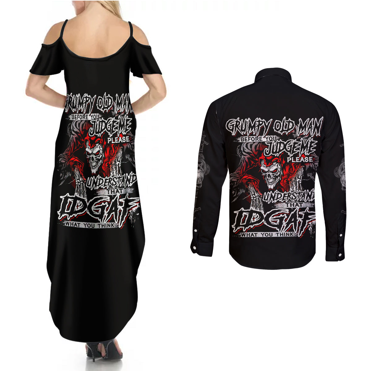 Skull Couples Matching Summer Maxi Dress and Long Sleeve Button Shirts Before Your Judge Me Pls Understand - Wonder Print Shop