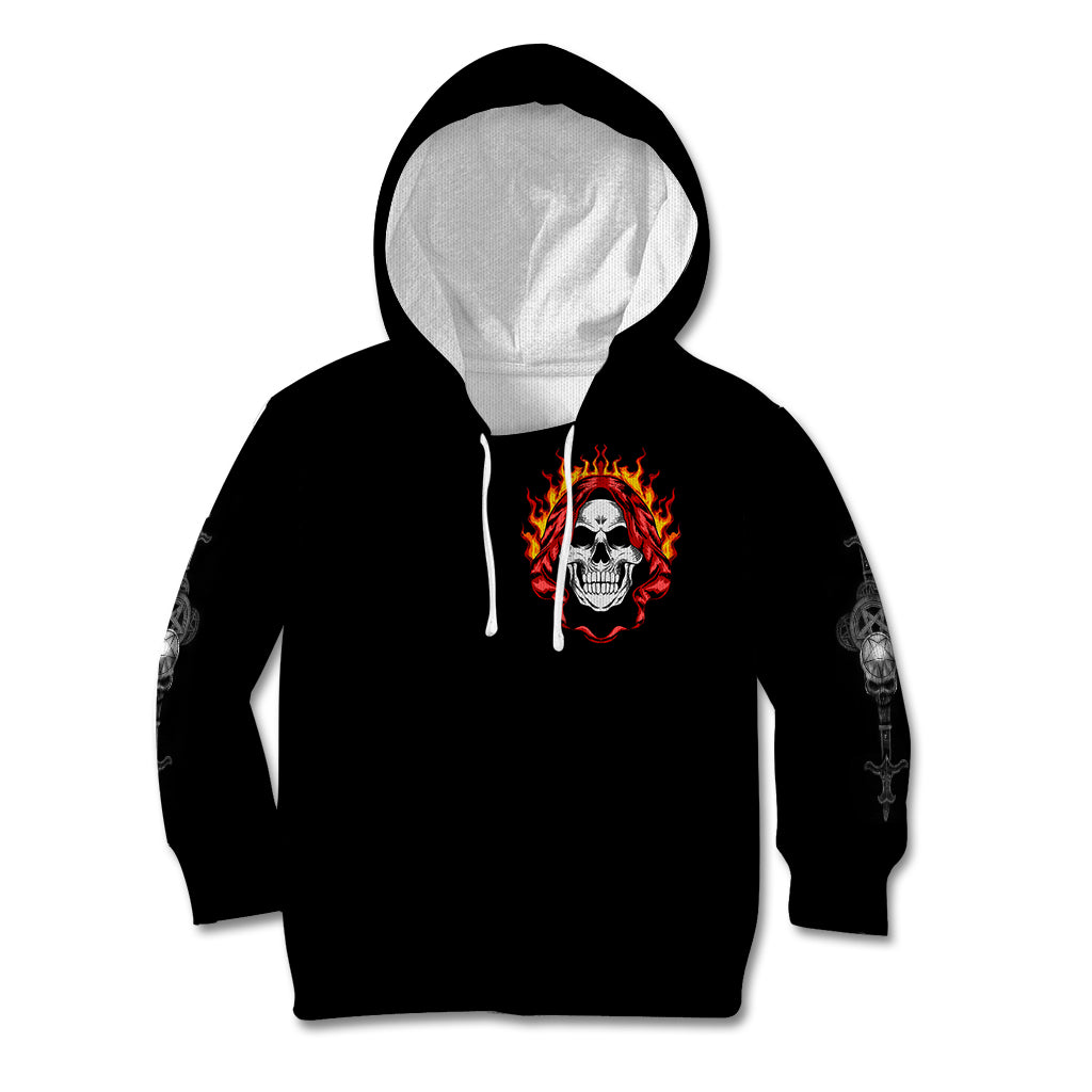 Black hoodie with small front flaming skull graphic