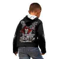 Black hoodie worn by child, back skull and graffiti-style text graphic