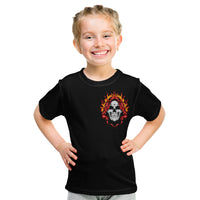 Black kids graphic T-shirt, front view with skull in red flame design
