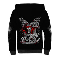 Black sherpa hoodie with large skull graphic on back, red and white lettering