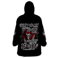 Black wearable blanket hoodie with large skull graphic on back, long sleeves, hood