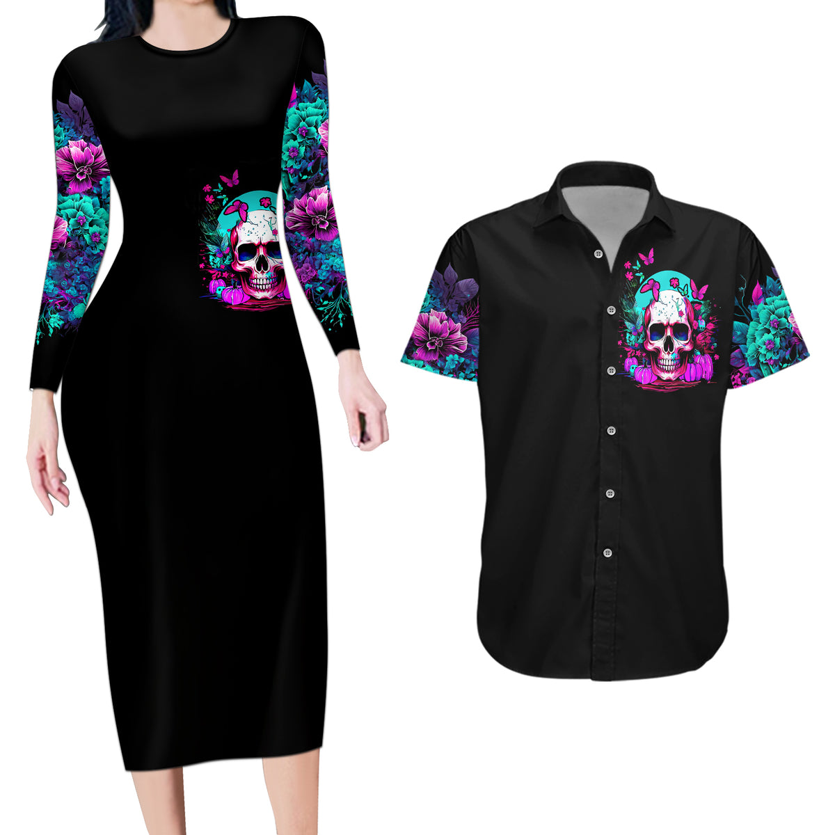 Skull Couples Matching Long Sleeve Bodycon Dress and Hawaiian Shirt Hello Darkness My Old Friend Pinky - Wonder Print Shop