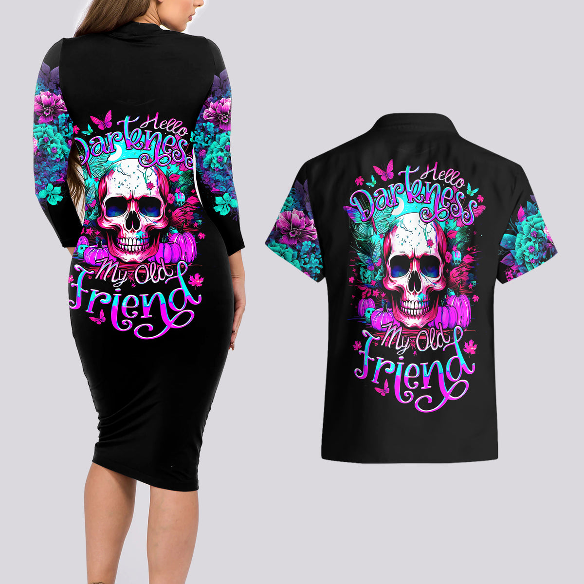 Skull Couples Matching Long Sleeve Bodycon Dress and Hawaiian Shirt Hello Darkness My Old Friend Pinky - Wonder Print Shop