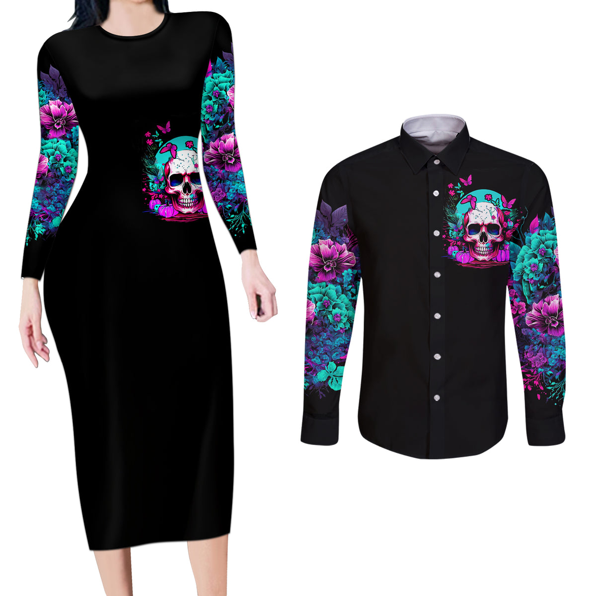 Skull Couples Matching Long Sleeve Bodycon Dress and Long Sleeve Button Shirts Hello Darkness My Old Friend Pinky - Wonder Print Shop