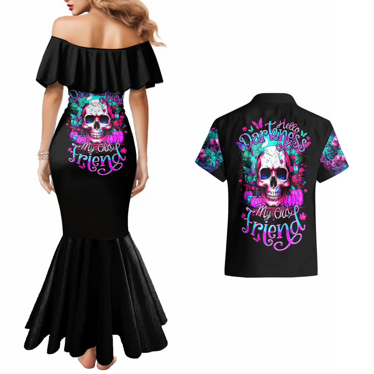 Skull Couples Matching Mermaid Dress and Hawaiian Shirt Hello Darkness My Old Friend Pinky - Wonder Print Shop