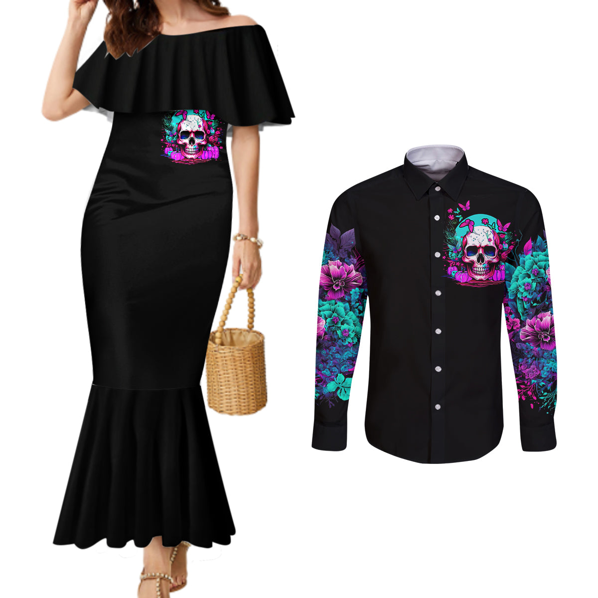 skull-couples-matching-mermaid-dress-and-long-sleeve-button-shirts-hello-darkness-my-old-friend-pinky