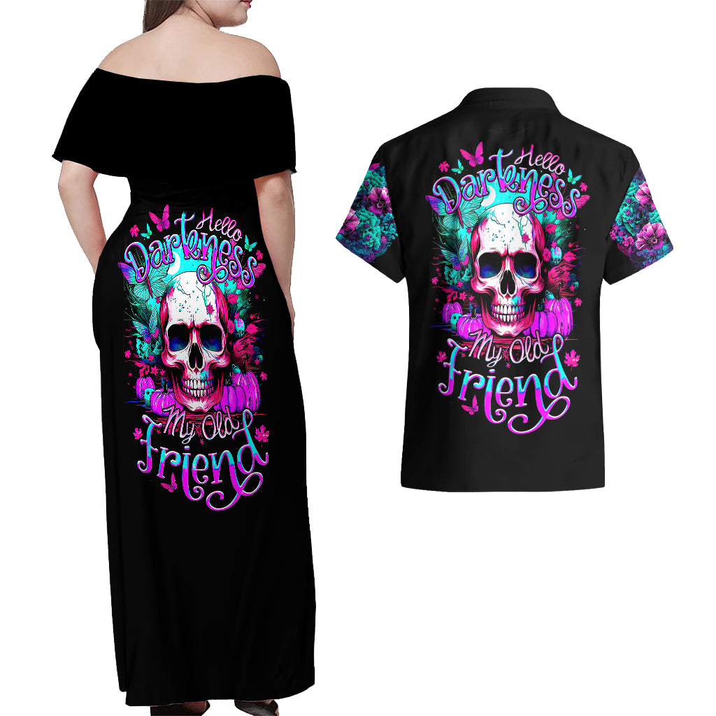 Skull Couples Matching Off Shoulder Maxi Dress and Hawaiian Shirt Hello Darkness My Old Friend Pinky - Wonder Print Shop